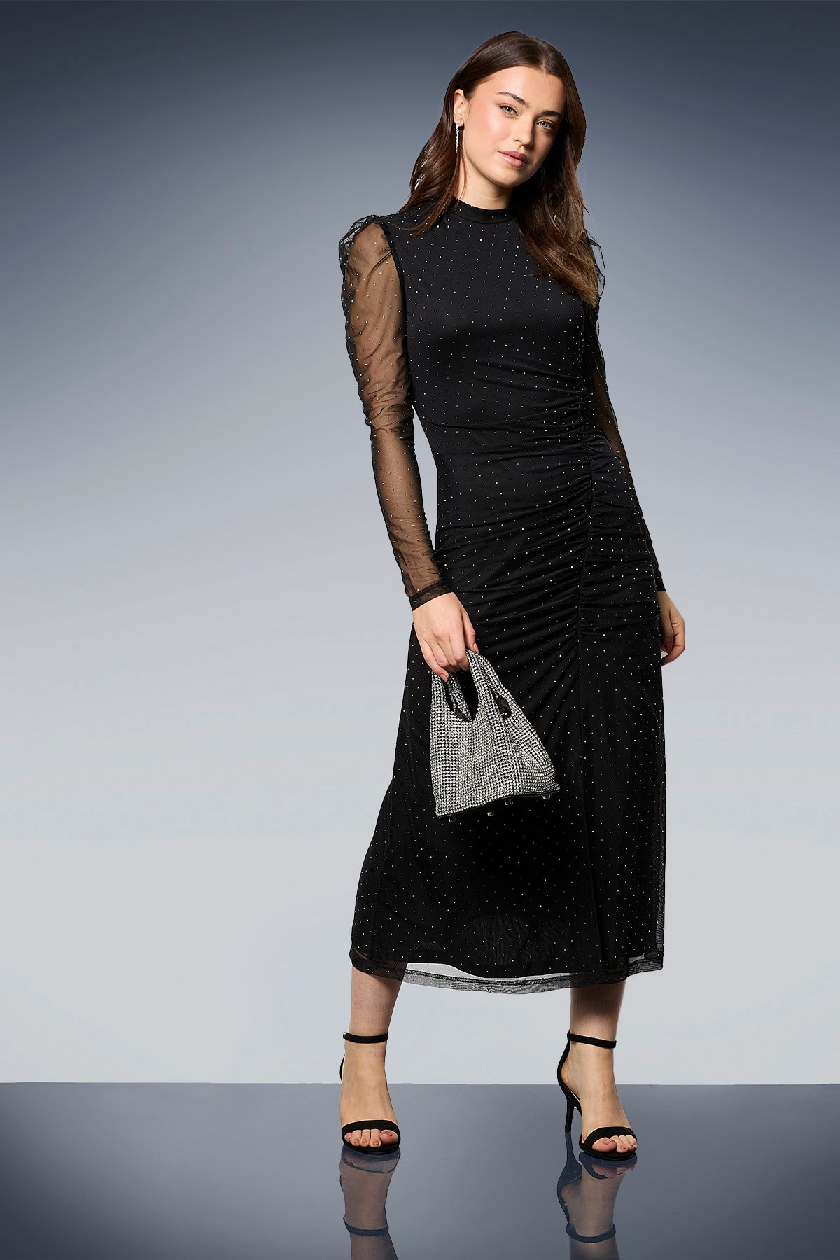 Dorothy Perkins DP Luxe Diamante Printed Mesh Gathered Midi Dress Black image 1