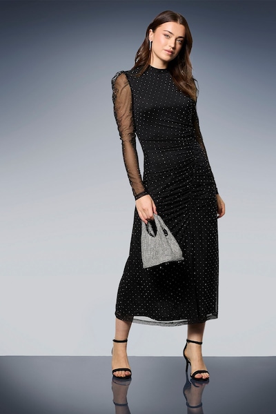 Dorothy Perkins DP Luxe Diamante Printed Mesh Gathered Midi Dress Black