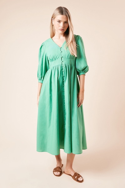 Dorothy Perkins Button Front Long Sleeve Poplin Shirt Dress Green