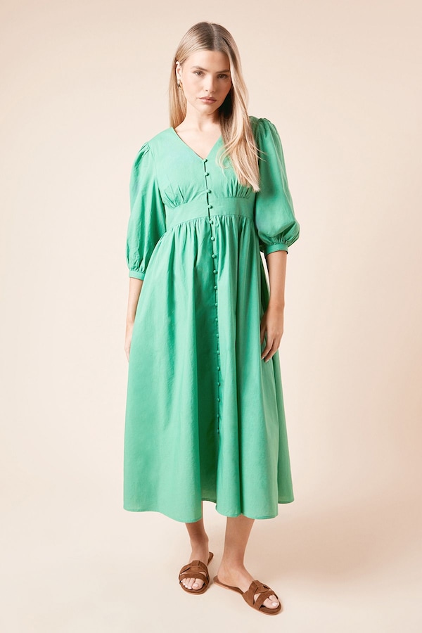 Dorothy Perkins Button Front Long Sleeve Poplin Shirt Dress Green