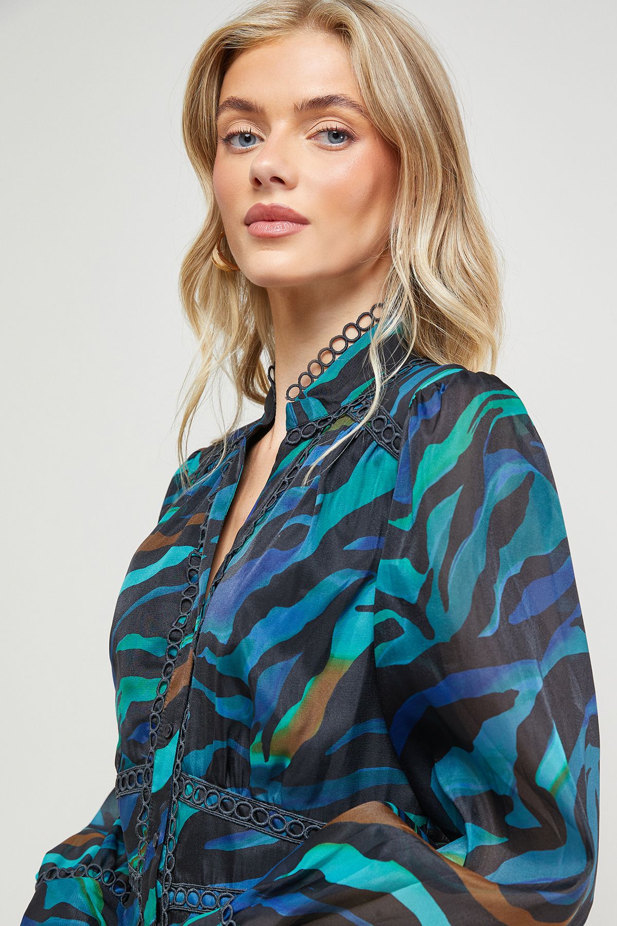 Oasis Printed Lace Trim Boho Shirt Mini Dress Multi image 4