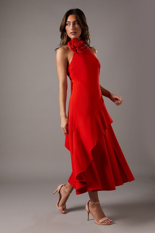 Coast High Neck Corsage Detail Midi Dress Flame Red