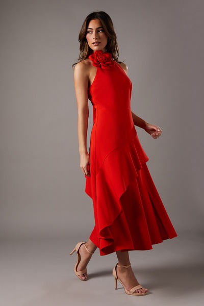 Coast High Neck Corsage Detail Midi Dress Flame Red