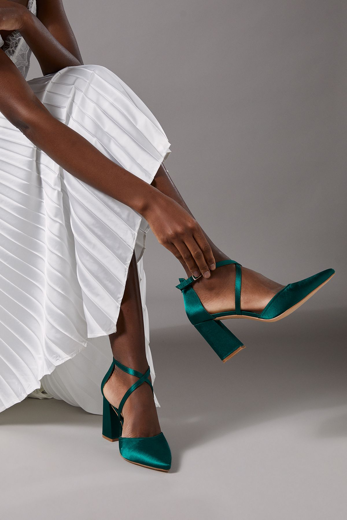 Coast Wide Fit Treat Satin Cross Strap Pointed Block Heel Court Shoes Emerald image 1