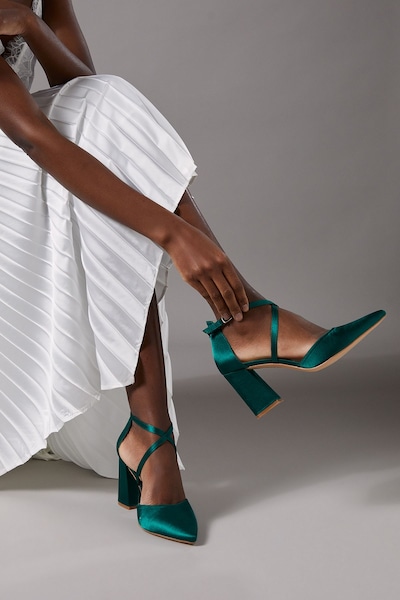 Coast Wide Fit Treat Satin Cross Strap Pointed Block Heel Court Shoes Emerald