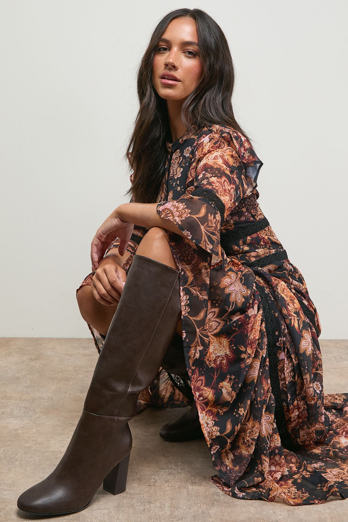 Oasis Tamsin Faux Leather Stacked High Block Heel Knee Boots Brown image 2