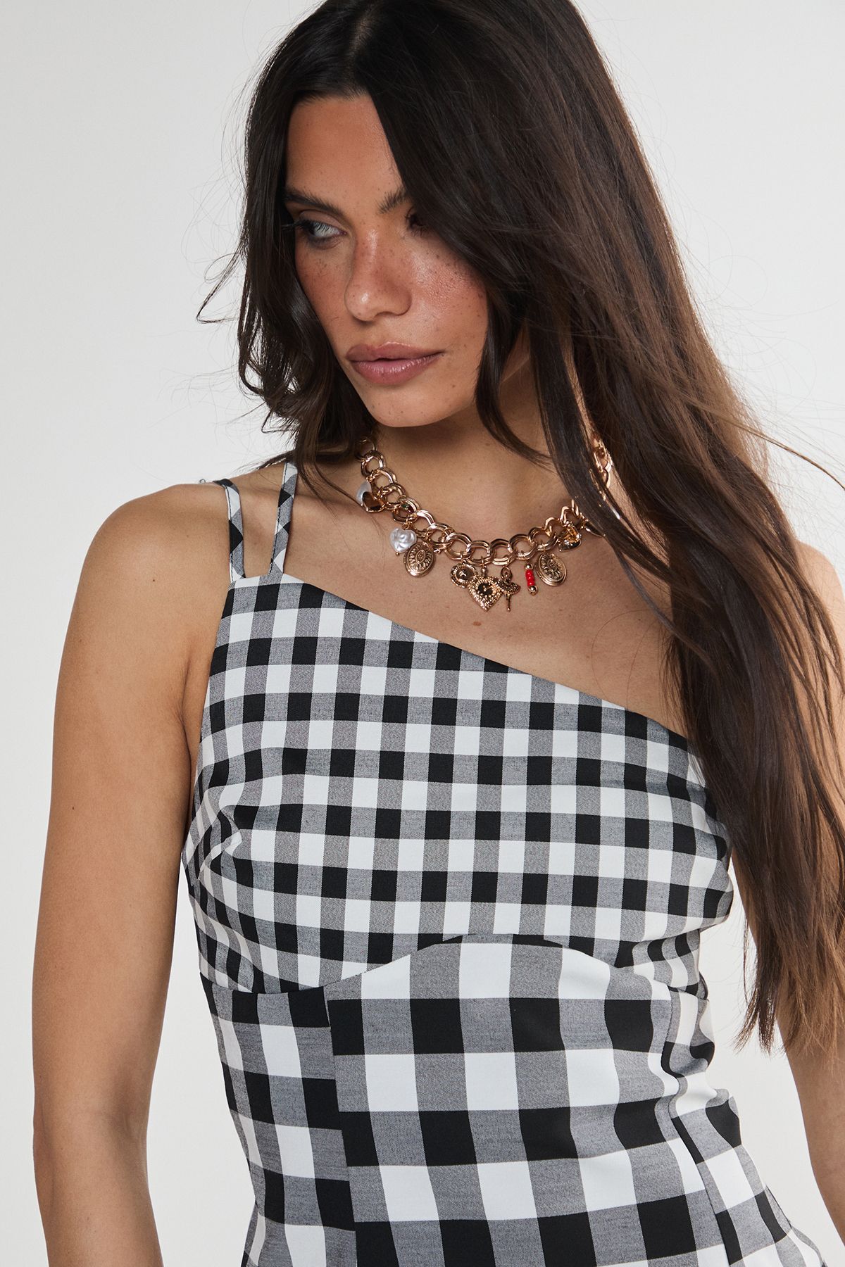 NastyGal Gingham Asymmetric Neck Tailored Dress Mono image 3