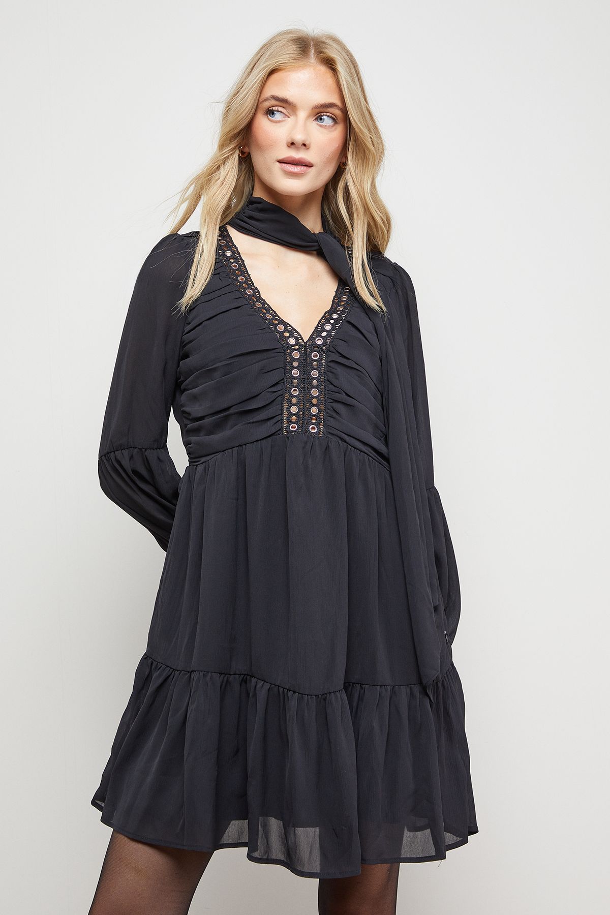 Oasis Ruched Bow Tie Mini Dress With Stud Trim Black image 1