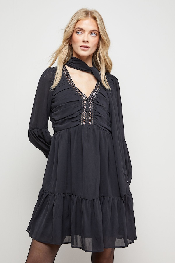 Oasis Ruched Bow Tie Mini Dress With Stud Trim Black