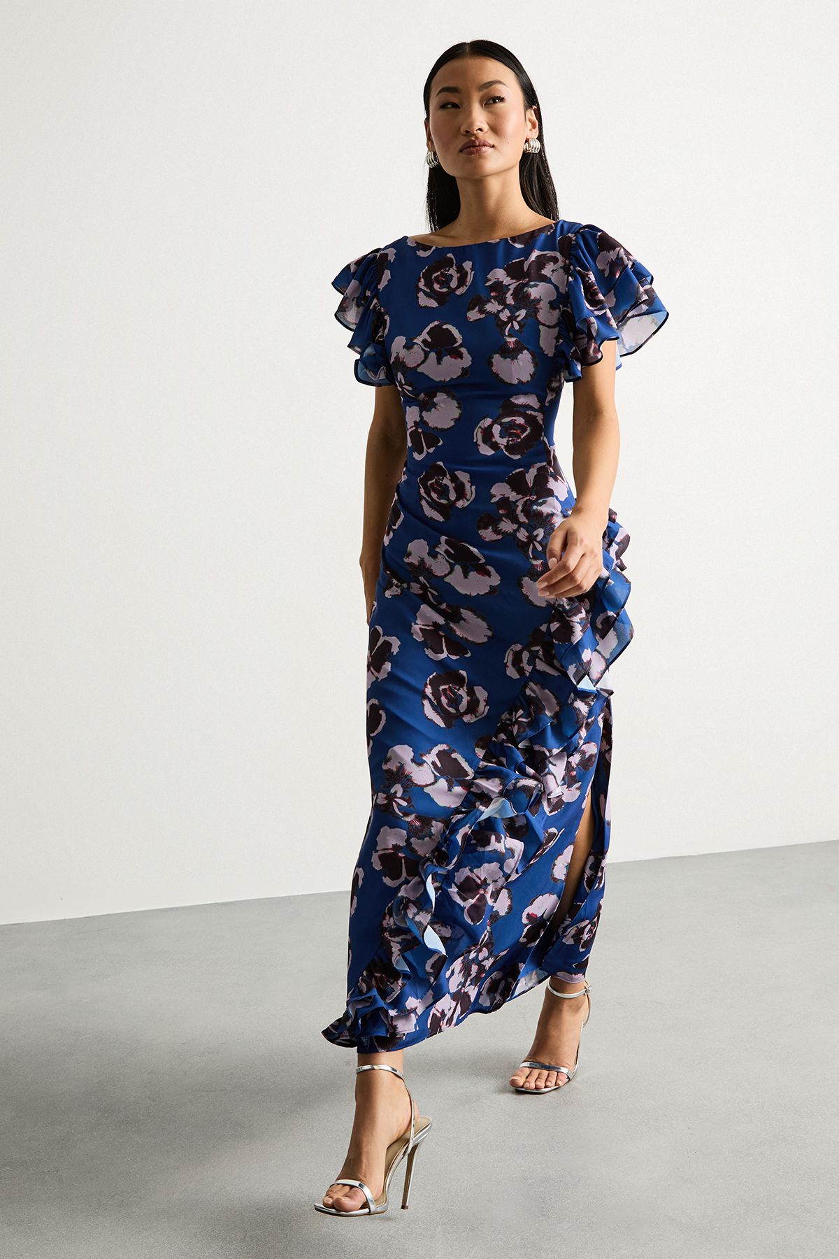 Warehouse Petite Printed Side Split Ruffle Detail Maxi Dress Blue image 1
