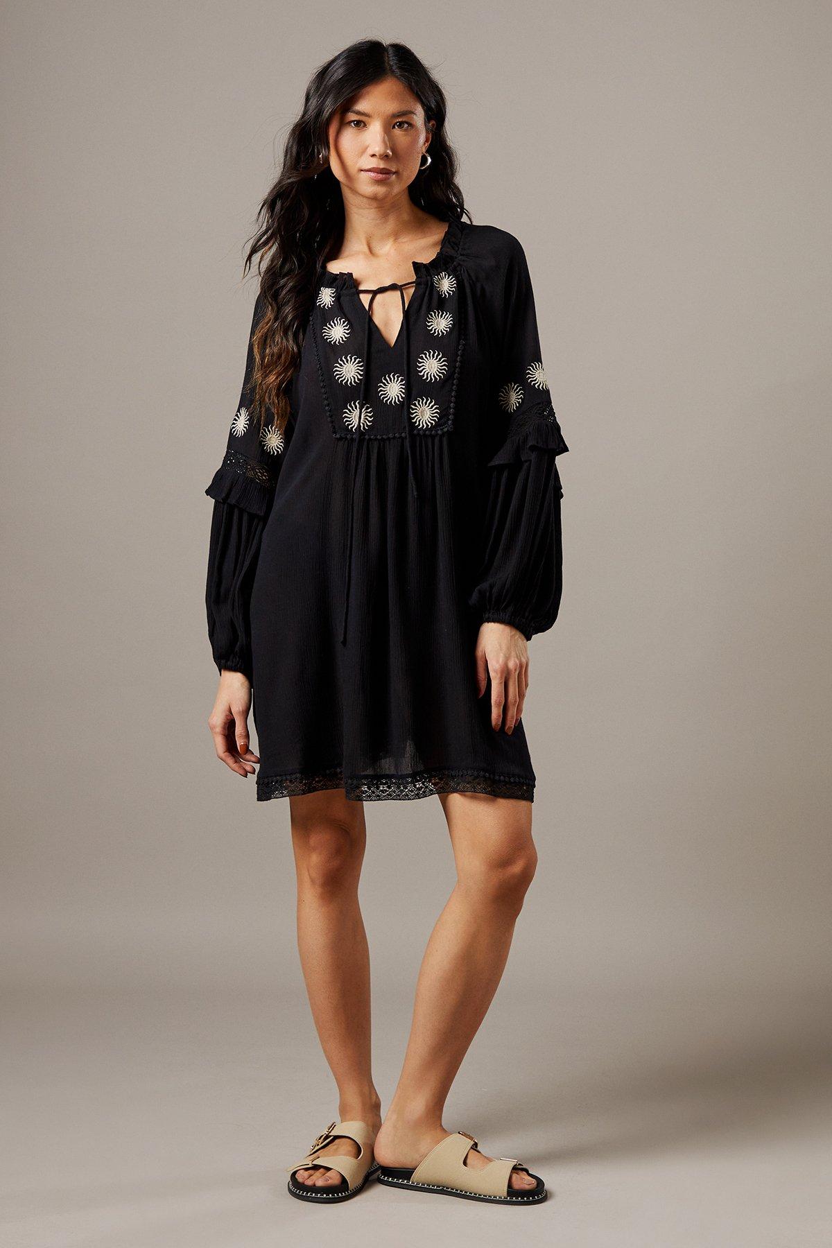 Warehouse Cheesecloth Embroidered Trim Insert Mini Dress Black image 2