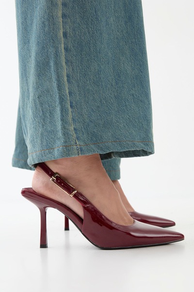 MissPap High Shine High Stiletto Heel Buckle Detail Slingback Court Shoes Burgundy
