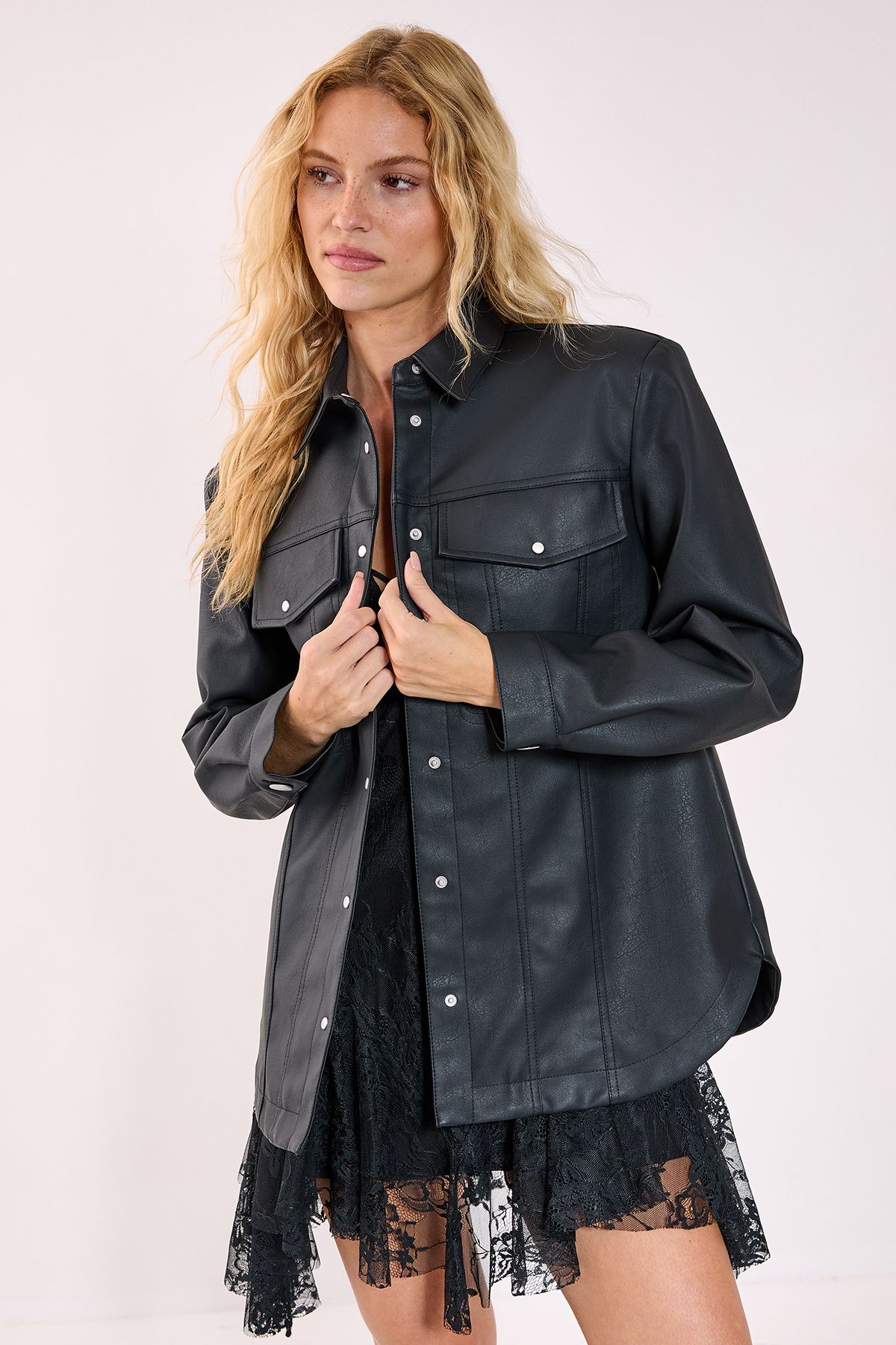 NastyGal Western Faux Leather Shoulder Pad Shirt Black image 2