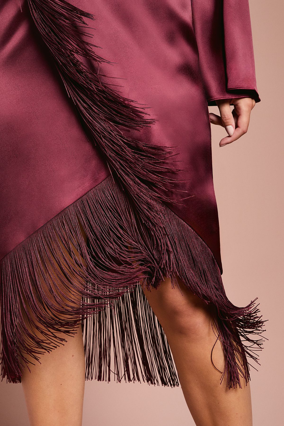 Coast Satin Fringe Hem Wrap Waist Midi Dress Burgundy image 6