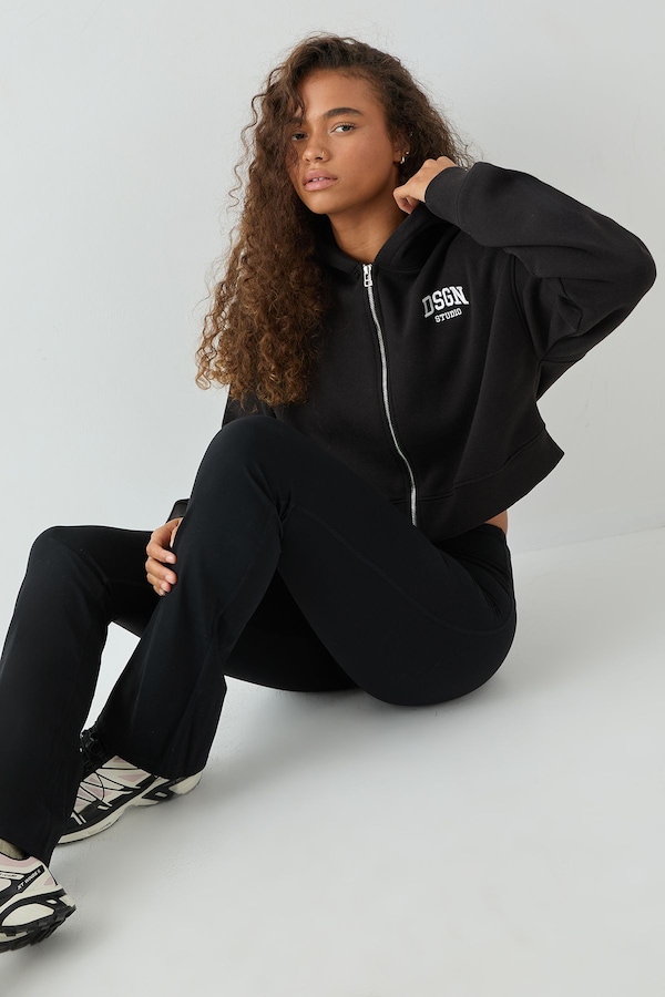 DSGN Studio DSGN Studio Embroidered Boxy Crop Zip Through Hoodie Black