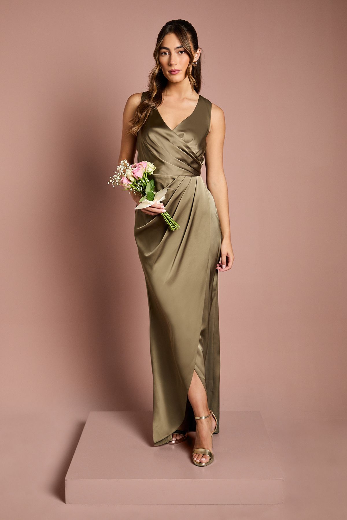Coast Ruched Waist Detail Satin Bridesmaid Dress Olive