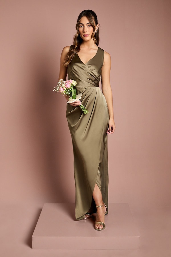 Coast Ruched Waist Detail Satin Bridesmaid Dress Olive