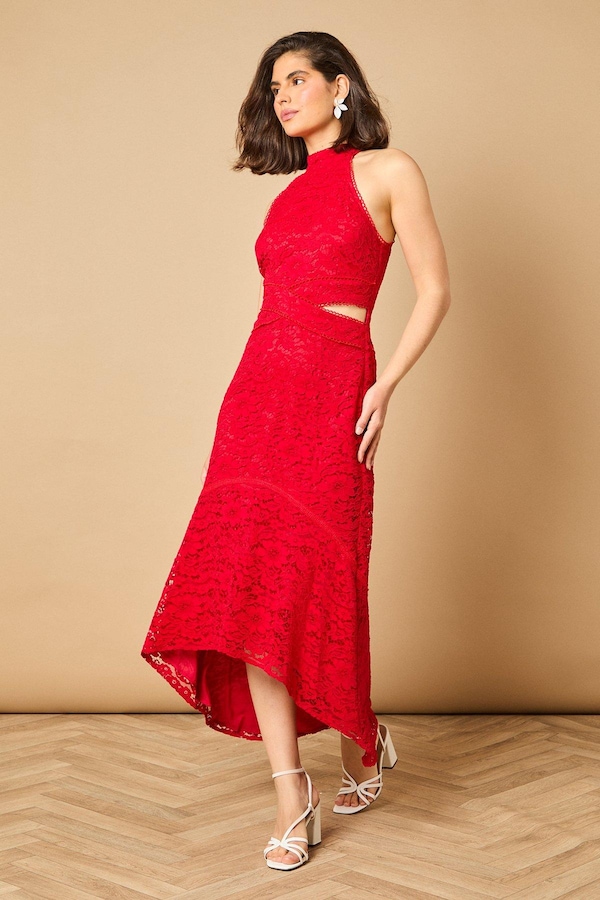 Oasis Lace Detail High Low Halterneck Midi Dress Red