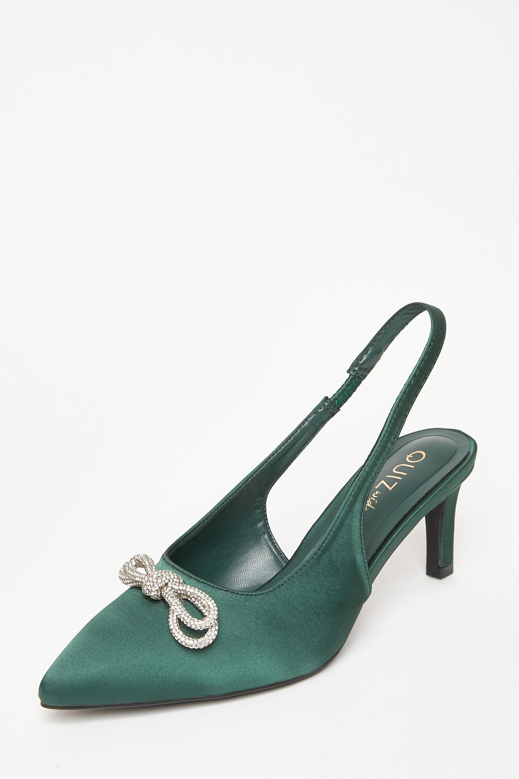 Quiz Green Wide Fit Diamante Bow Court Heels image 1