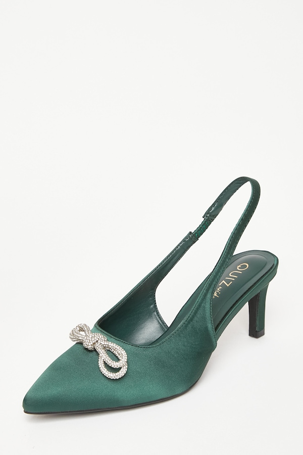 Quiz Green Wide Fit Diamante Bow Court Heels