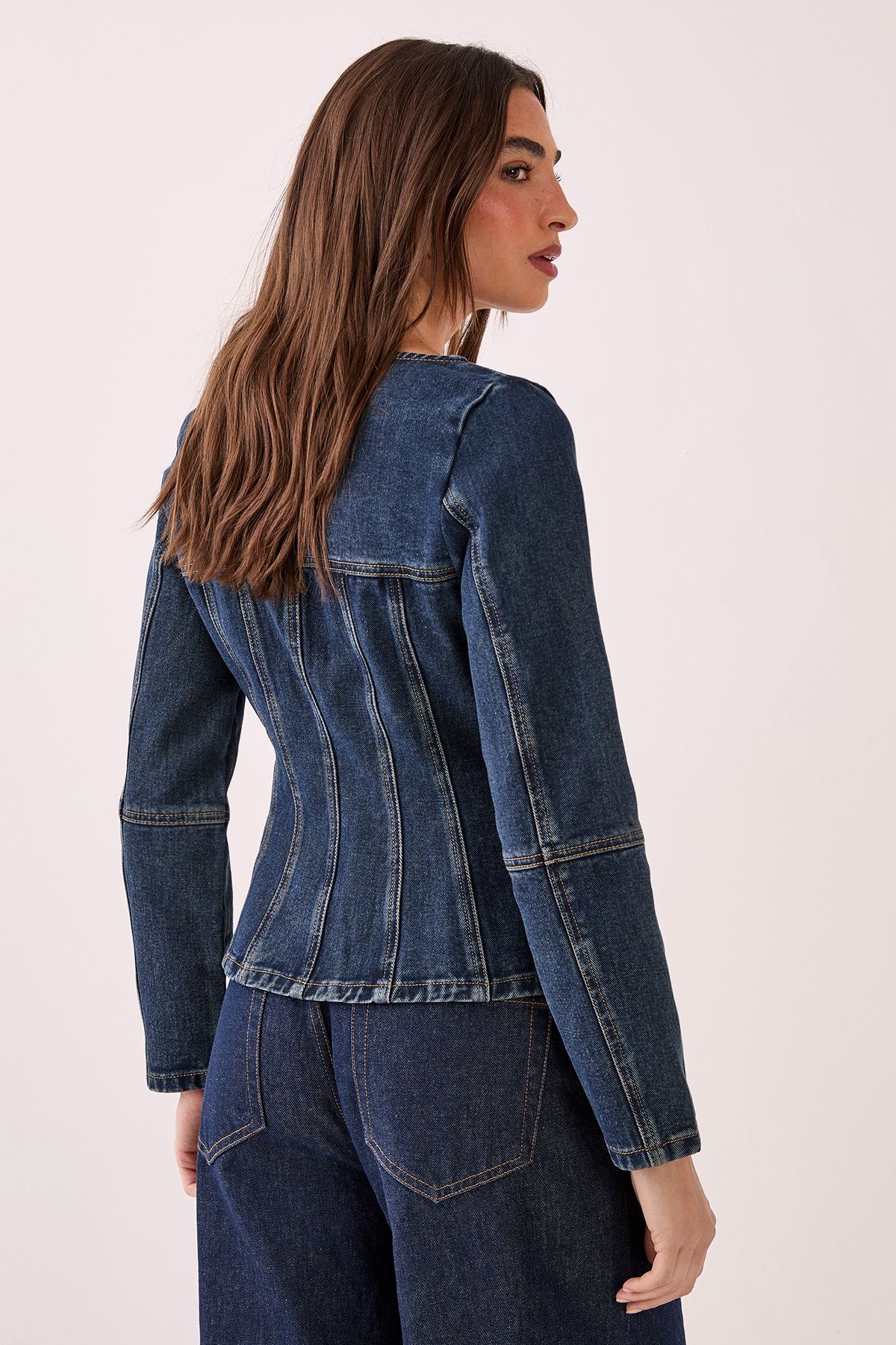 NastyGal Button Through Corset Long Sleeve Denim Top Dark Indigo image 4