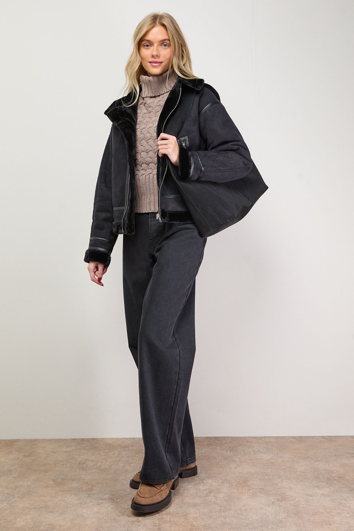 Oasis Zip Through Faux Leather Short Aviator Jacket Black