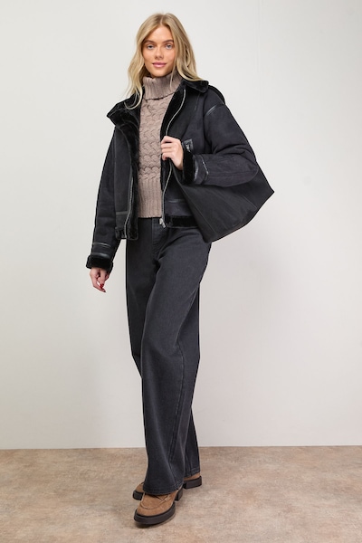 Oasis Zip Through Faux Leather Short Aviator Jacket Black