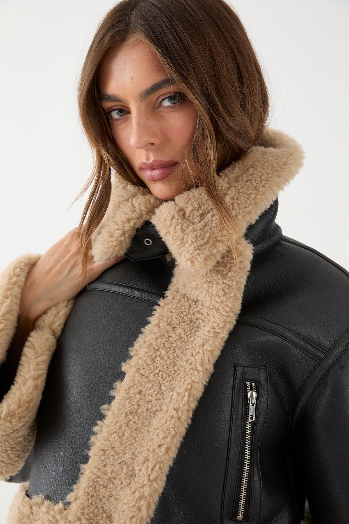 MissPap PU Fur Trim Aviator Jacket Black image 4