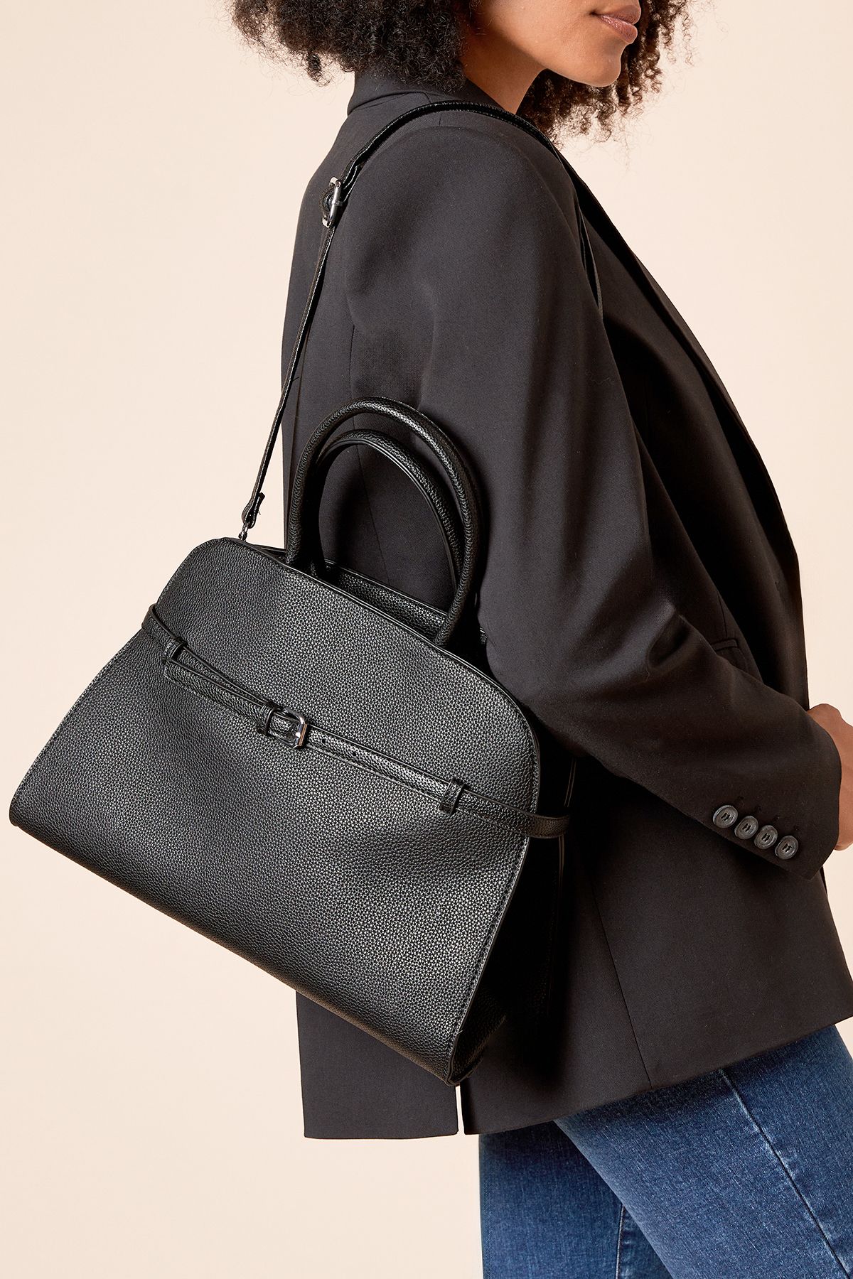 Dorothy Perkins York Large Bowler Bag With Buckle Detail And Crossbody Strap Black image 2