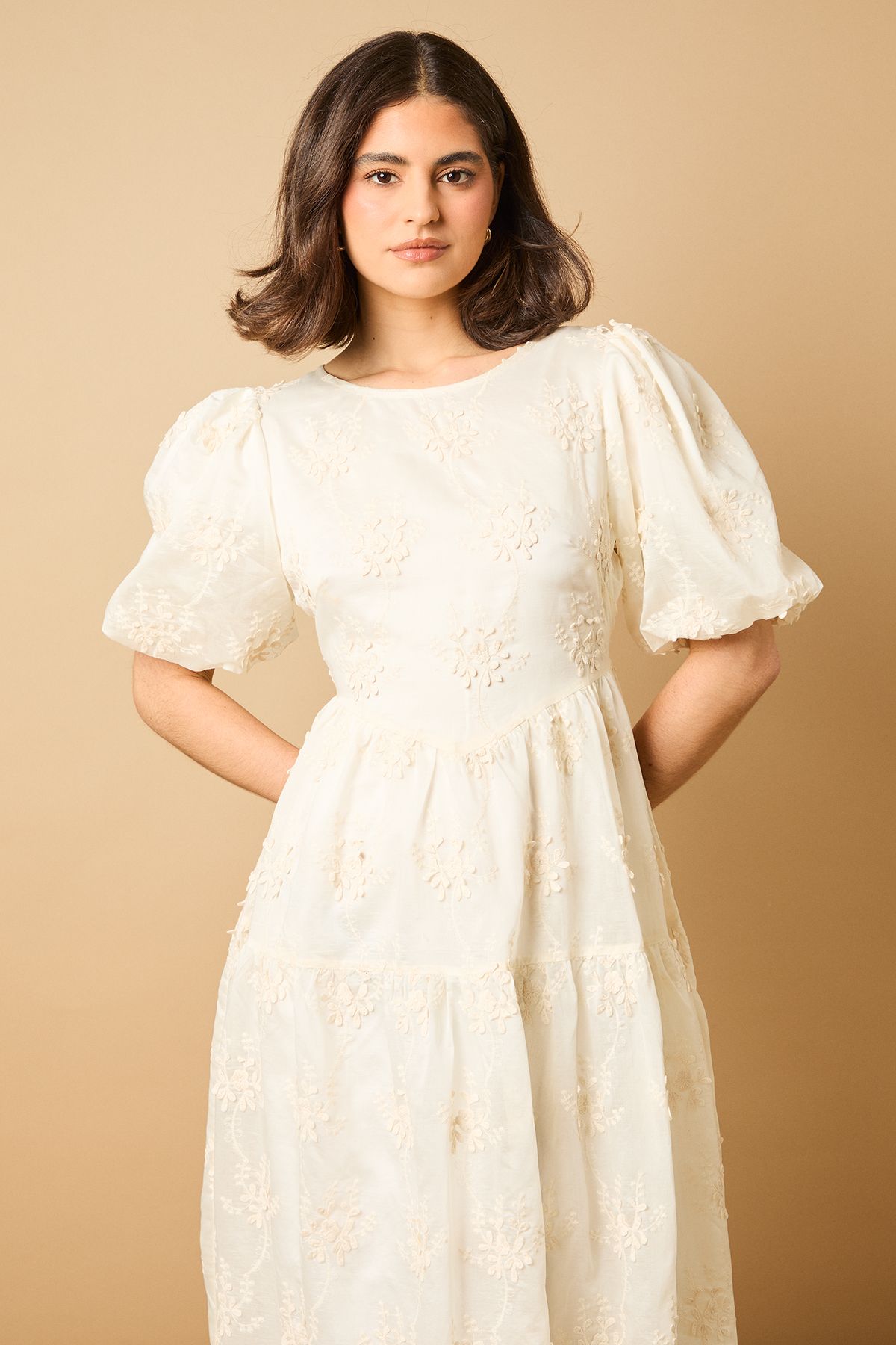 Oasis Floral Embroidered Puff Sleeve Midi Dress Ivory image 2