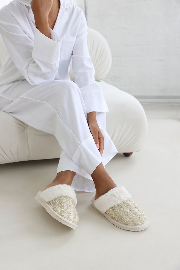 Where's That From 'Celeste' Sequin Tweed Mule Slippers With Faux Fur Trim