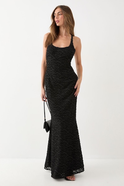 MissPap Textured Floral Chiffon Bias Maxi Black