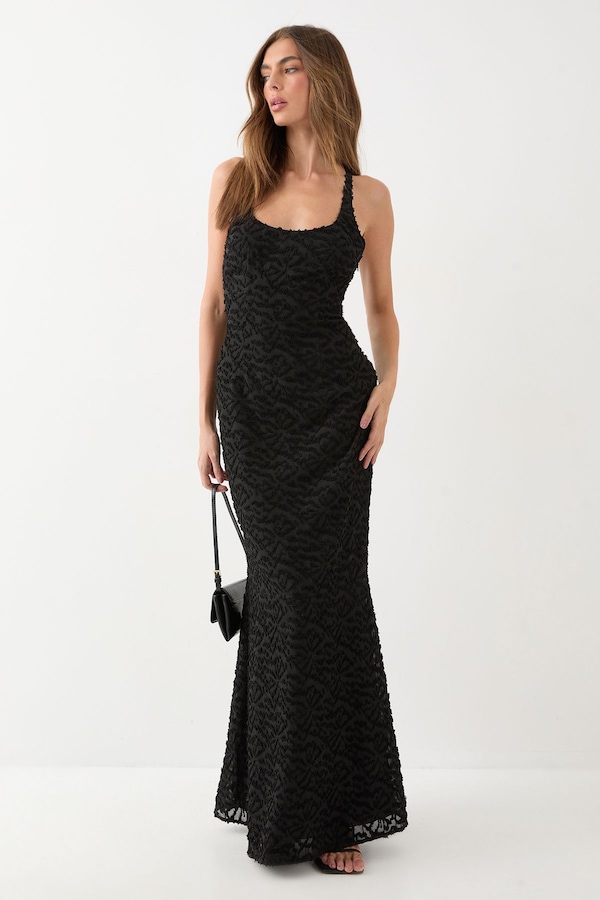 MissPap Textured Floral Chiffon Bias Maxi Black