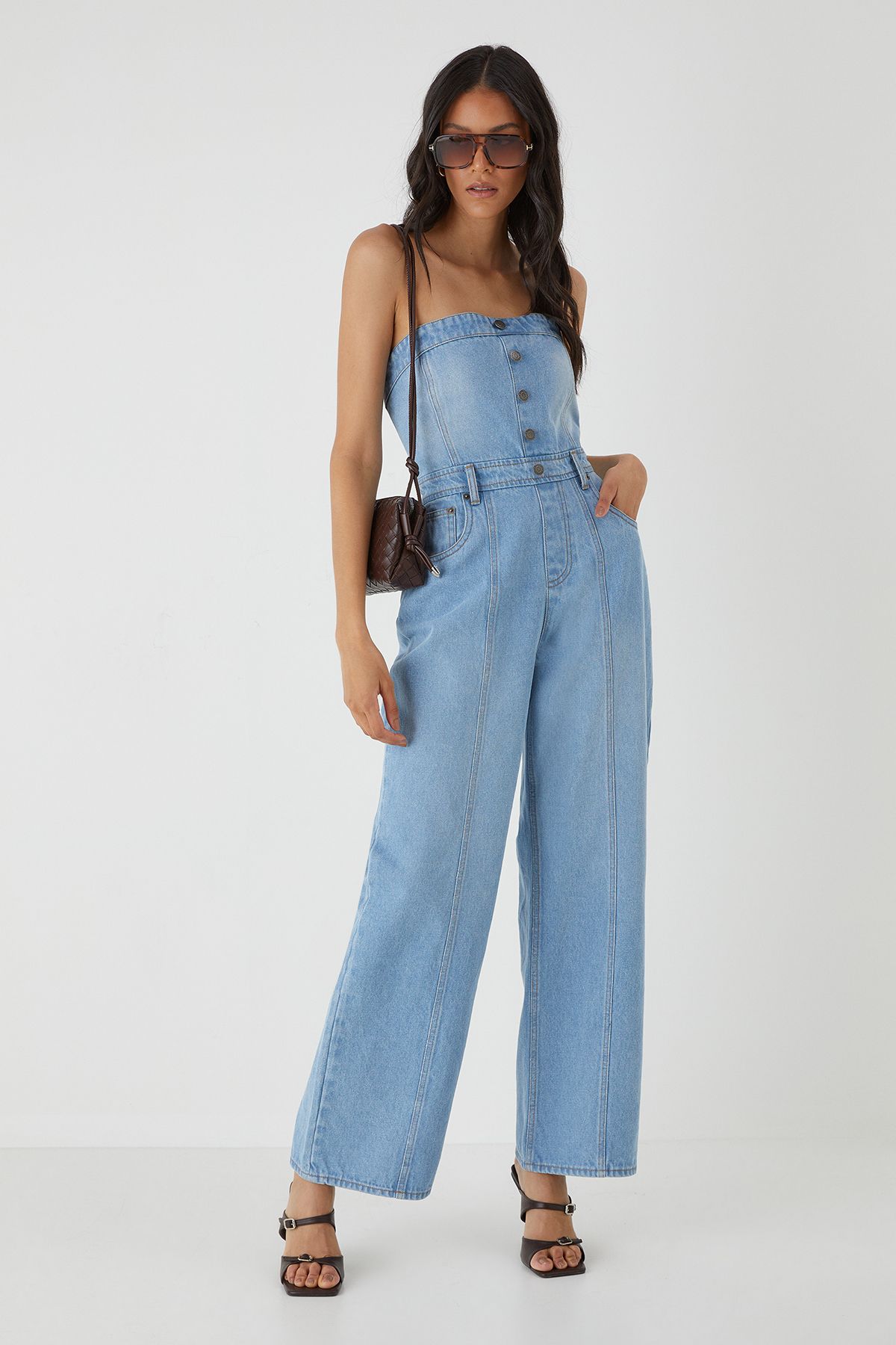 MissPap Denim Button Front Bandeau Jumpsuit Light Wash