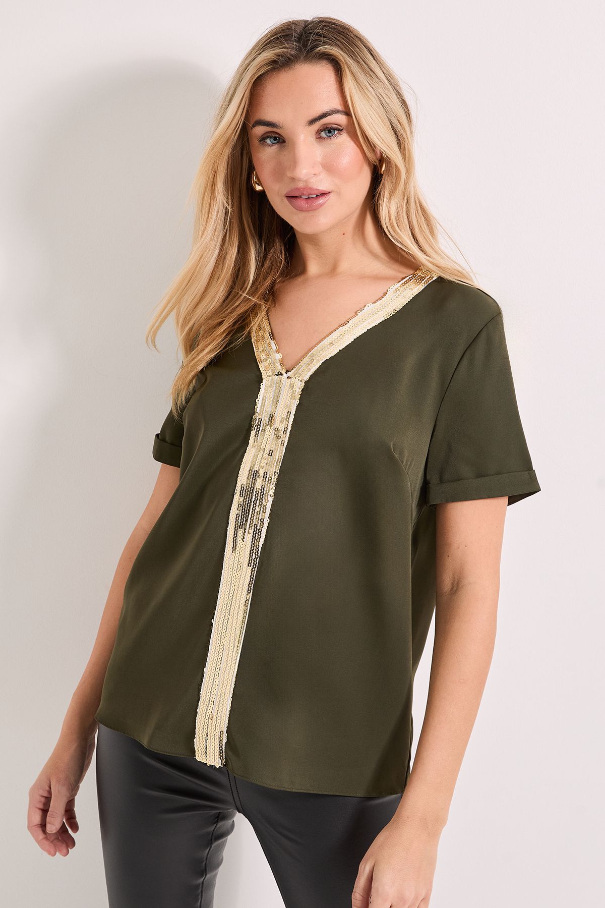 Dorothy Perkins V Neck Short Sleeve Sequin T-Shirt Khaki