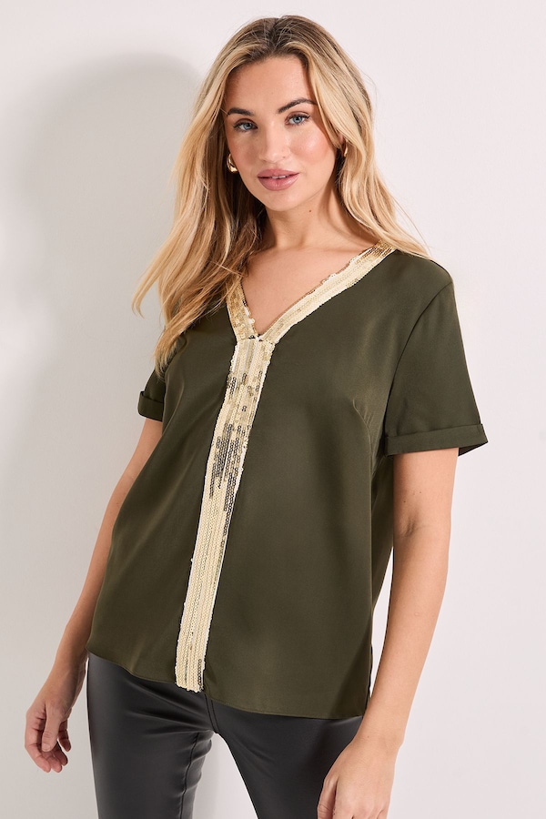 Dorothy Perkins V Neck Short Sleeve Sequin T-Shirt Khaki