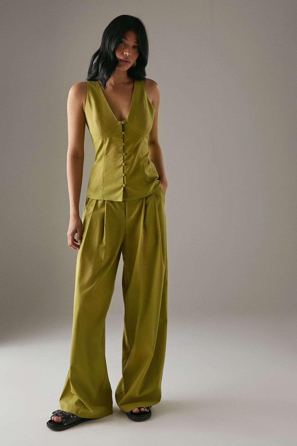 Warehouse Linen Blend Tailored Trousers Olive image 1