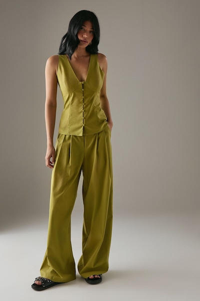 Warehouse Linen Blend Tailored Trousers Olive