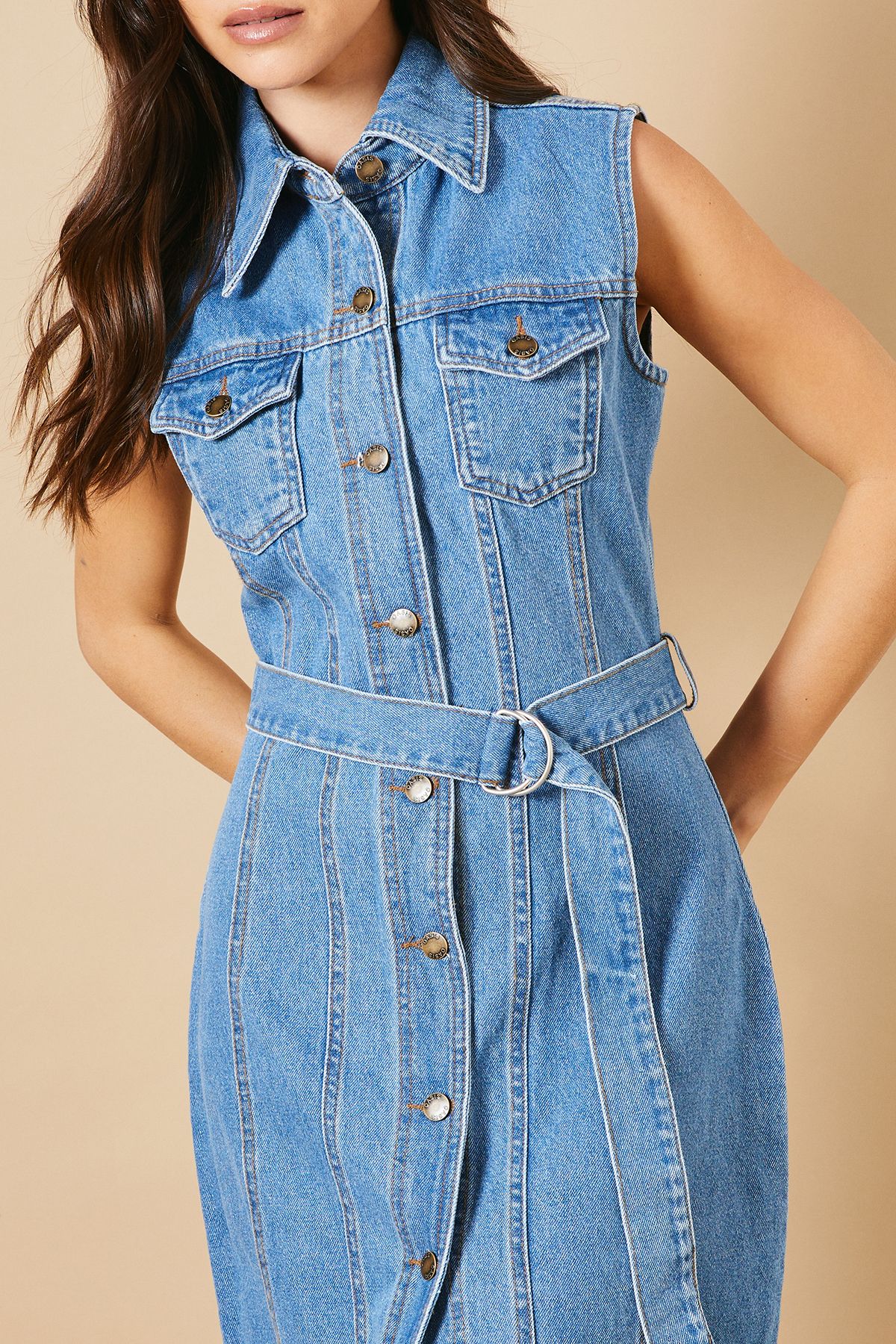 Oasis Belted Waist Pocket Detail Midi Dress Mid Wash image 4