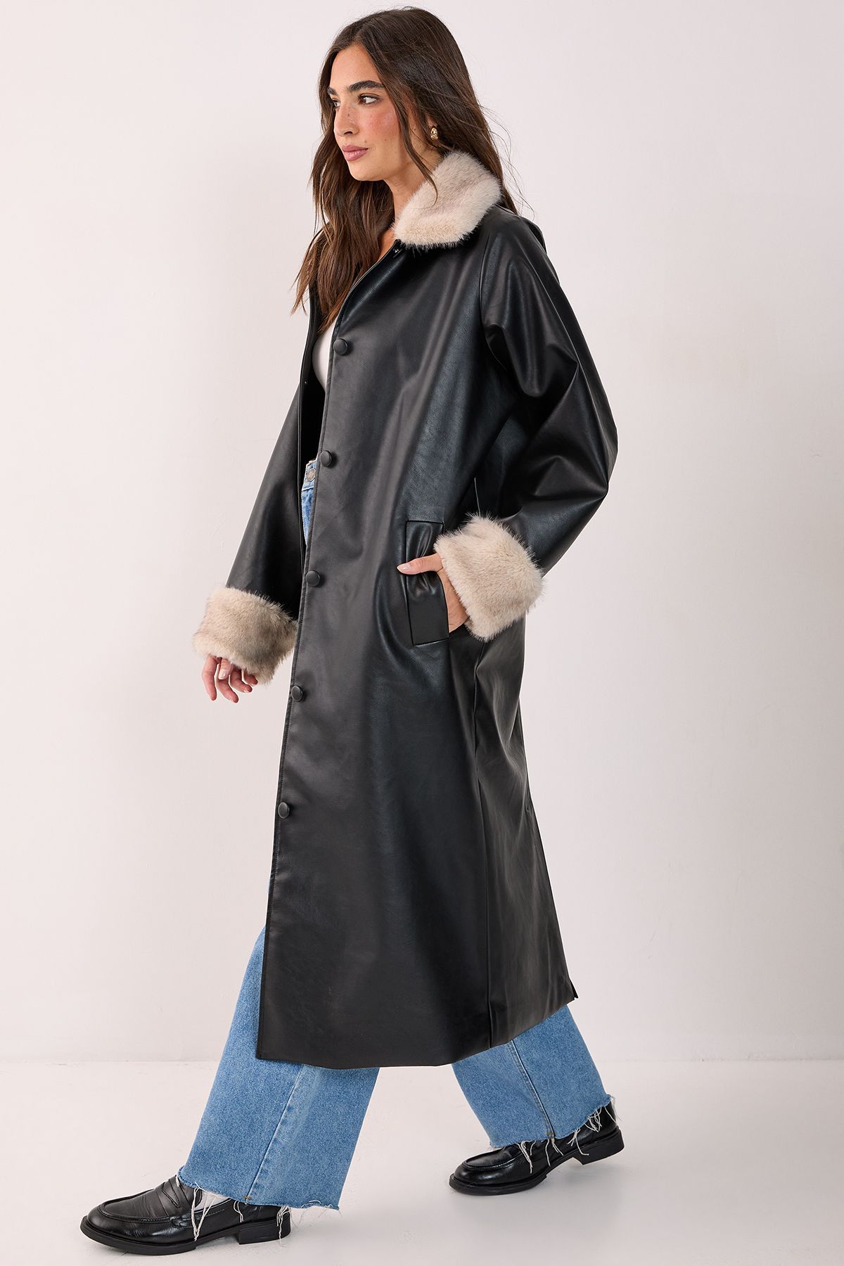 NastyGal Fur Trim Faux Leather Longline Coat Black image 4