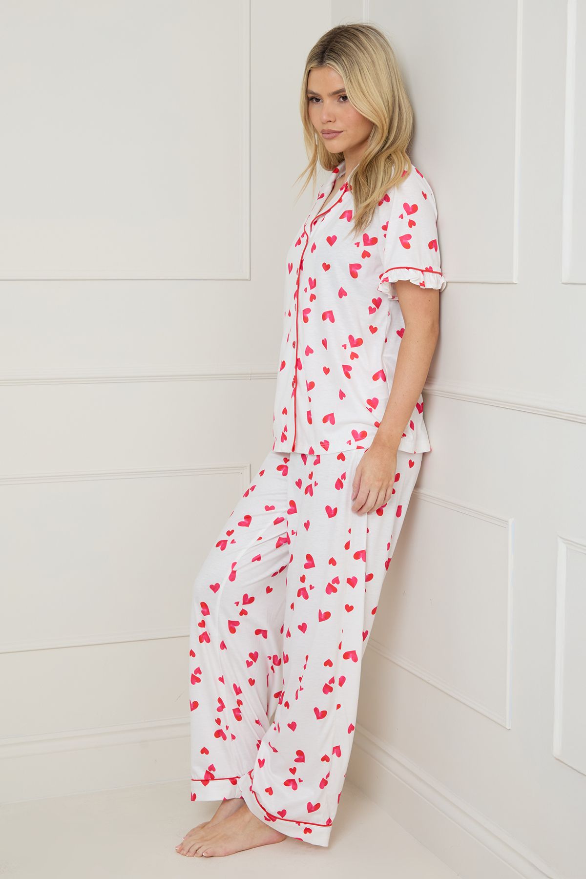 Oasis Red Hearts Short Sleeve Jersey Pyjama Set White image 1