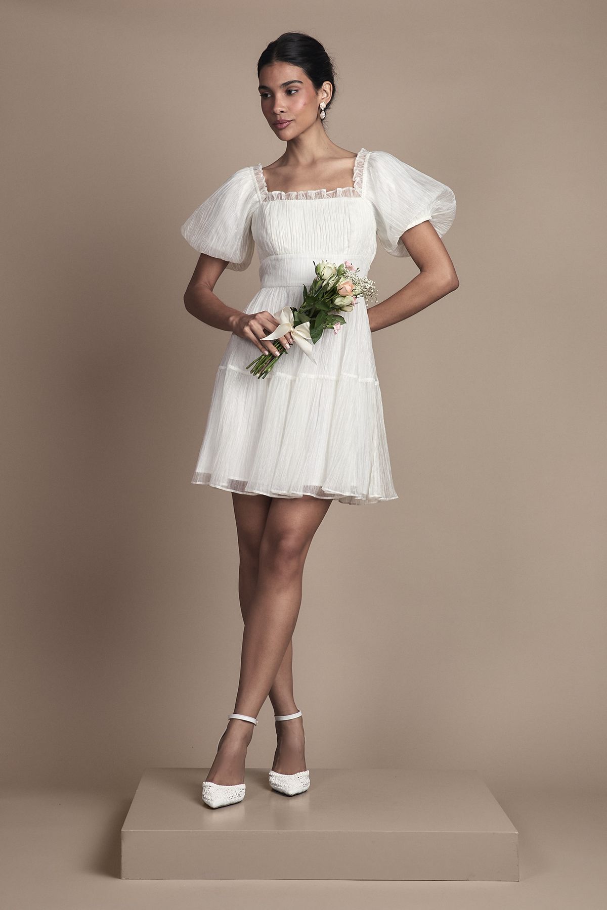 Oasis Puff Sleeve Organza Mini Bridal Dress Ivory