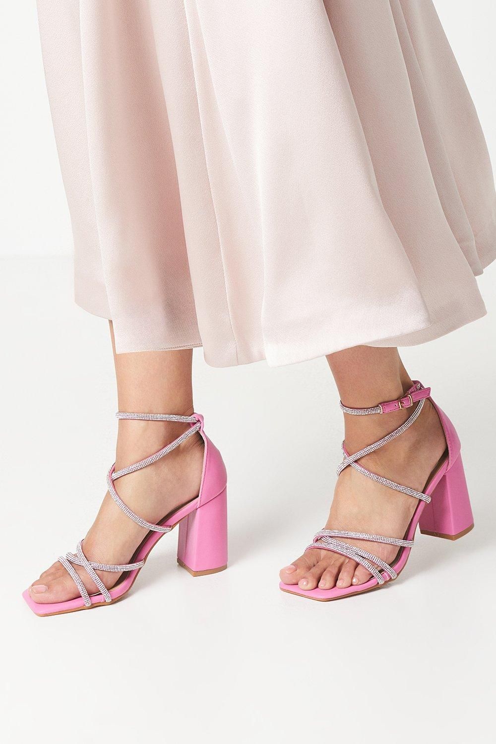 Coast Tammy Block Heel Square Toe Diamanate Strappy Heeled Sandals Pink image 1