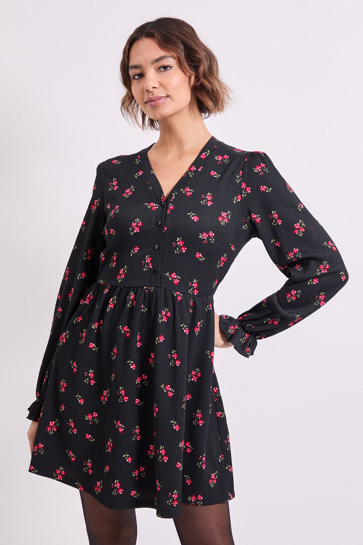 Dorothy Perkins Floral Button Detail Blouson Sleeve Jersey Mini Dress Floral image 1