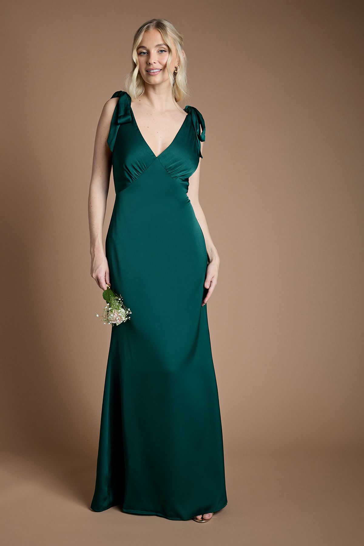 Coast Coast Honoured Satin Back Crepe V Neck Tie Shoulder Maxi Bridesmaid Dress Emerald