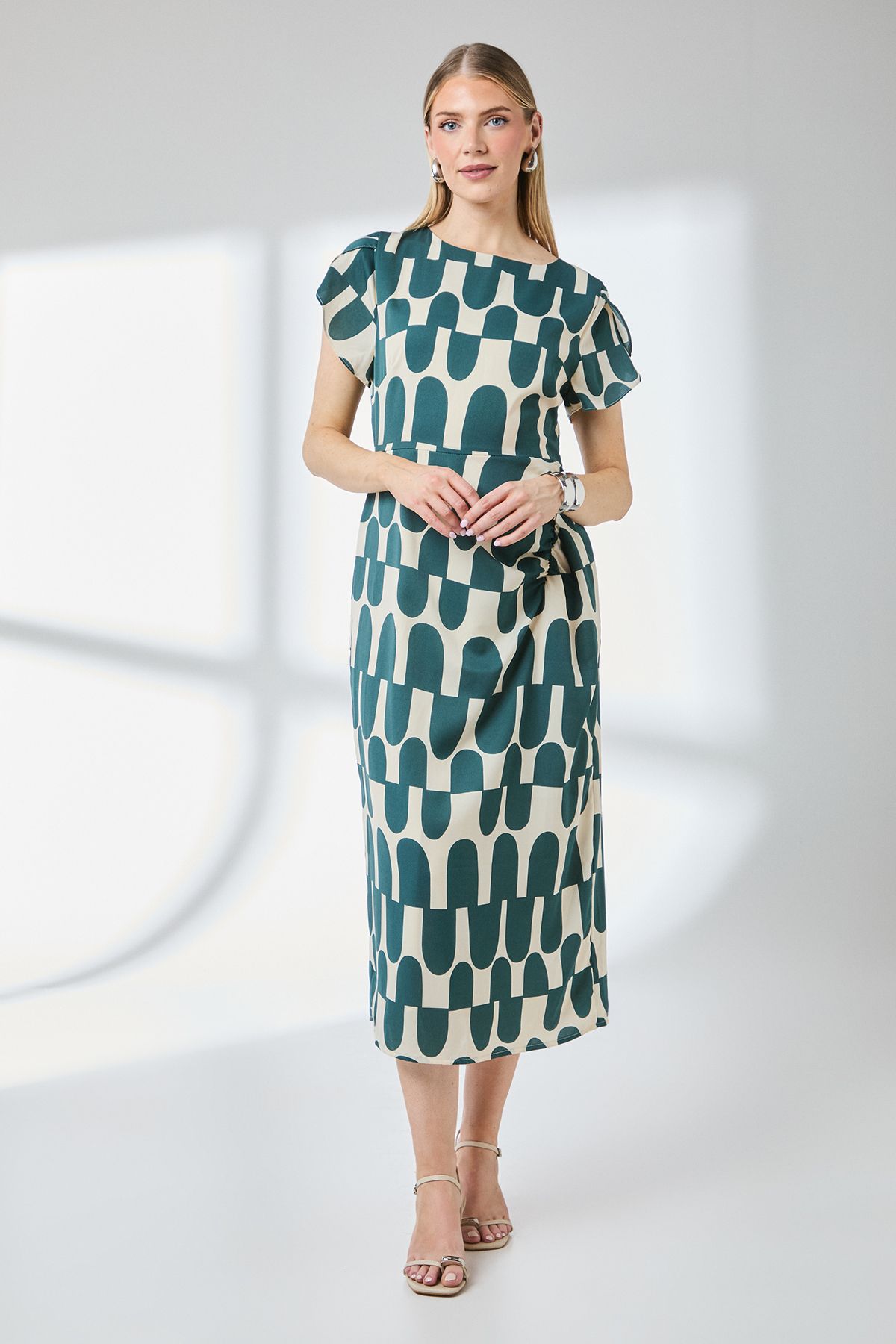 Principles Green Print Gathered Front Pencil Dress Nude image 1