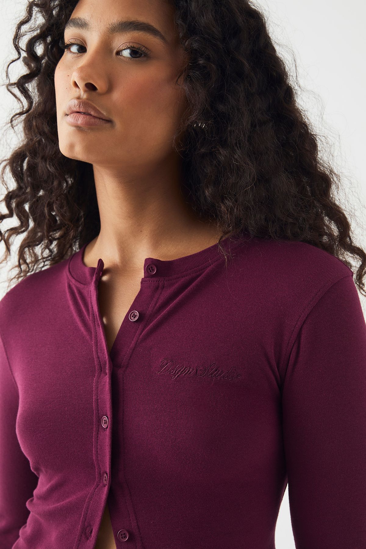DSGN Studio DSGN Studio Ribbed Script Embroidery  Button Through Long Sleeve Top Plum image 4