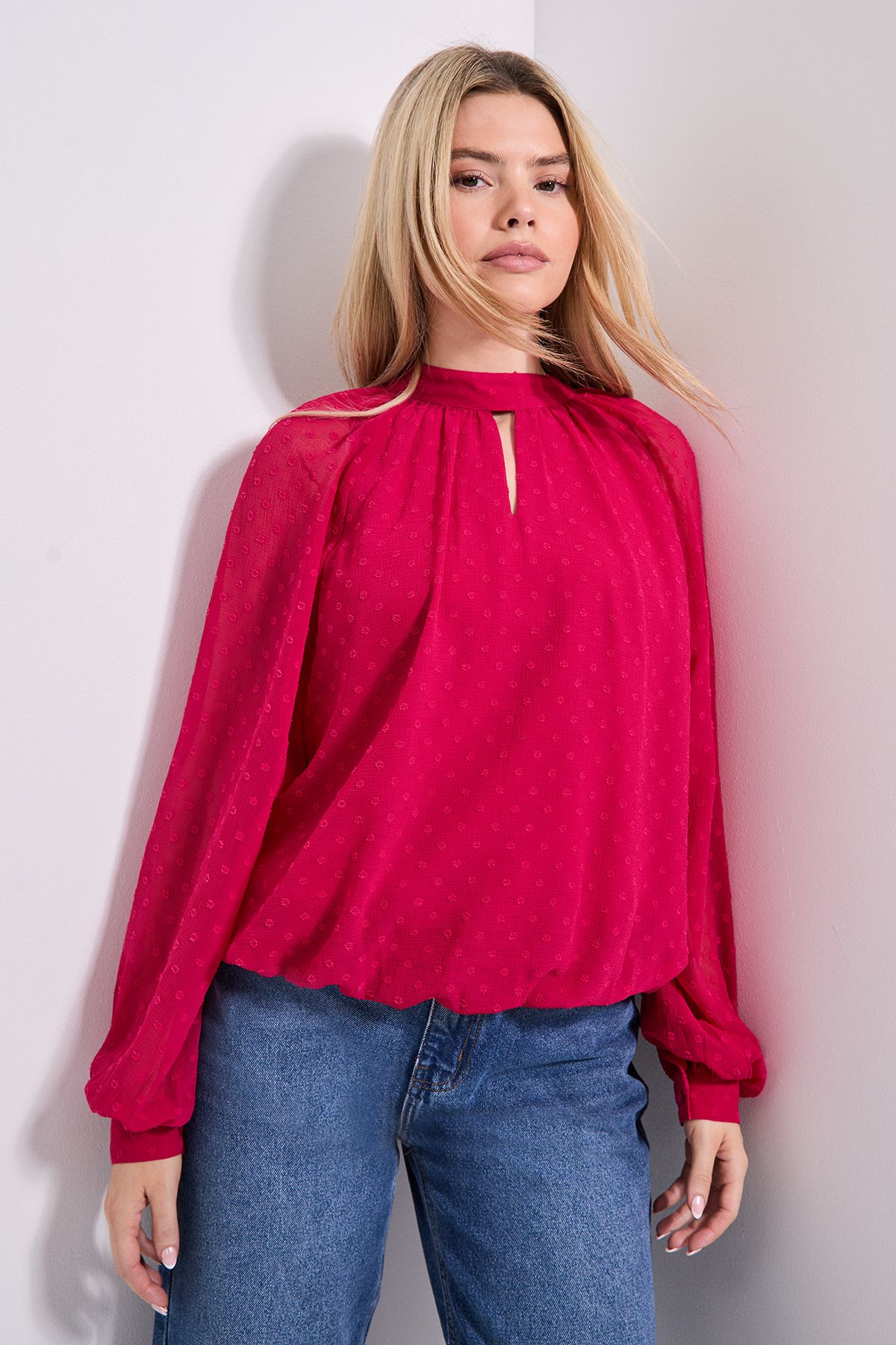 Dorothy Perkins Tie Neck Keyhole Blouson Sleeve Blouse Dark Pink image 4