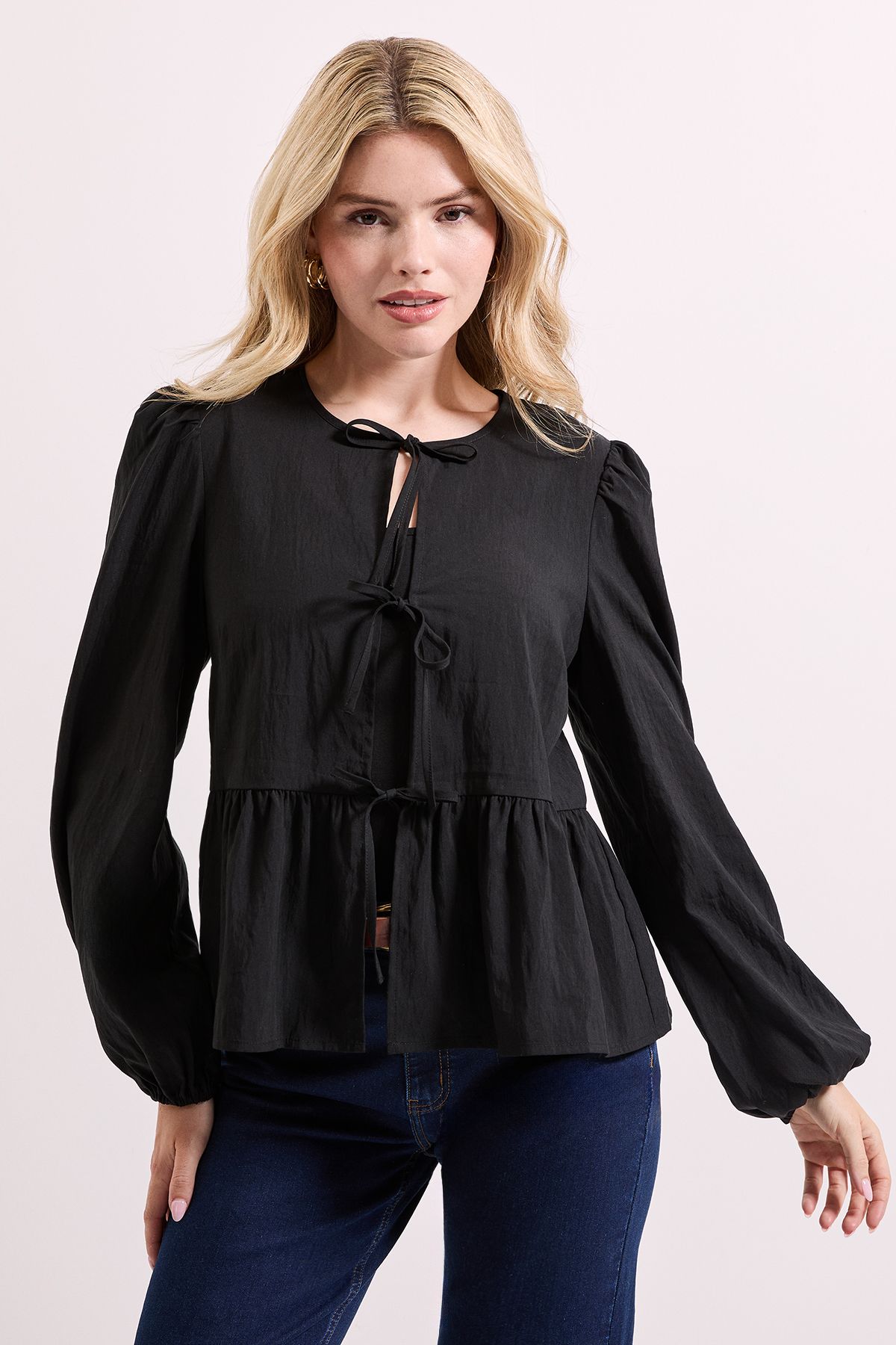 Dorothy Perkins Tie Front Long Sleeve Blouse Black image 2