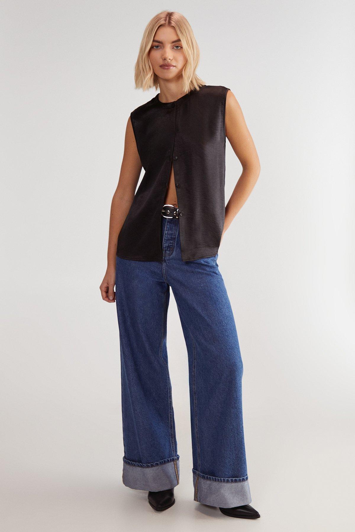 NastyGal Textured Satin Button Through Collarless Vest Black image 2